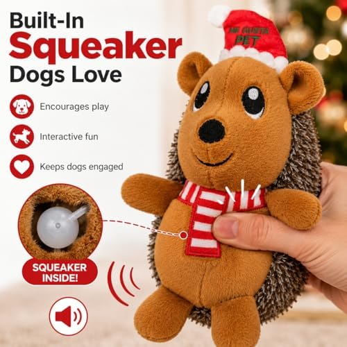 Christmas Hedgehog Squeaky Dog Toy for Small & Medium Dogs, Soft Plush Stuffed Puppy Toy with Built-In Squeaker, Interactive Indoor Play Toy for Gentle Chewers, Machine Washable Holiday Dog Gift