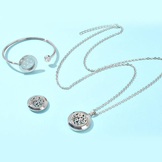 SUNNYCLUE 1Pc Essential Oil Necklace 1Pc Essential Oil Diffuser Bracelet with 10Pcs Refill Pads Cloud Stainless Steel Cuff Bangle Diffuser Locket Necklaces Aromatherapy Jewelry for Women Gifts