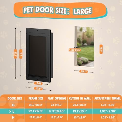 3-Flaps Large Dog Door for Door, Pets Up to 100lb | Durable Plastic Frame, Insulated Flap, Closing Panel, Block Wind & Snow, Easy Install for Interior & Exterior Doors