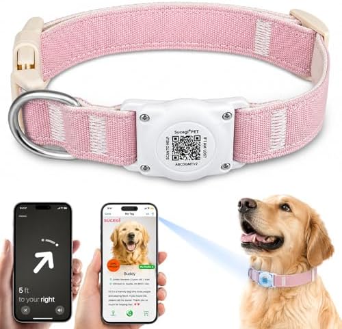 AirTag Dog Collar with QR Code ID, Dog Collar with Air Tag Holder, Pink, S