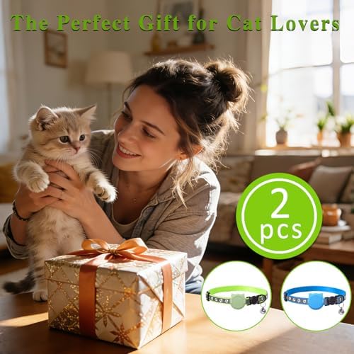 Tensho 2-Pack Breakaway Cat Collar with Airtag Holder, Bell（Blue and Green）