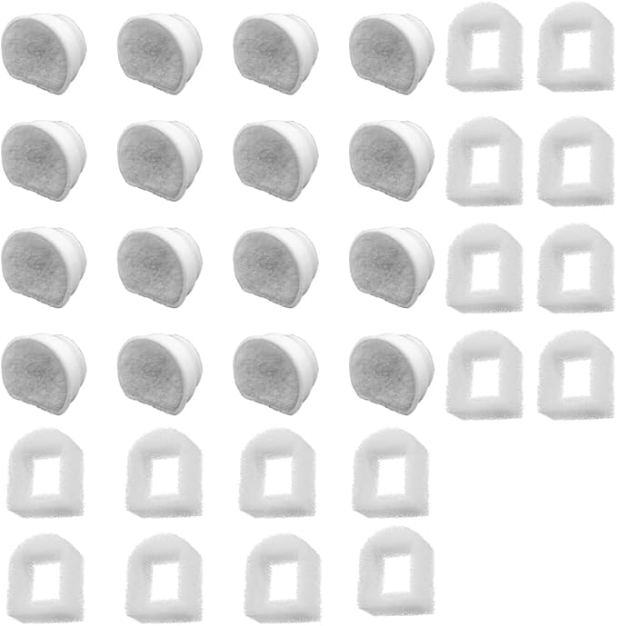 32 Pack Pet Fountain Replacement Filters, 16 Carbon and 16 Foam Pre-Filters | For Select Ceramic and Stainless Pet Fountains; Carbon Reduces Odors, Foam Catches Hair and Debris to Support Pump Care
