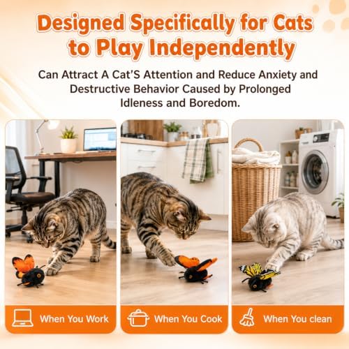 Smart Sensing Flapping Butterfly Toy Interactive Cat, Interactive Butterfly Cat Toy, Rechargeable Touch Activated Kitten Toy, Durable Plush Build for Bored Indoor Cats (Orange)