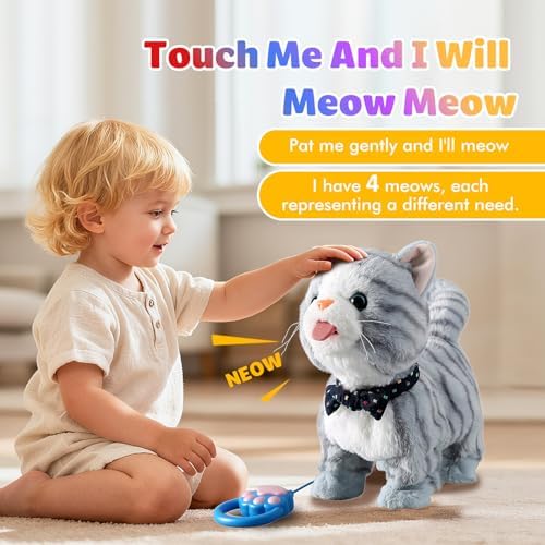 Gray Walking Cat Toy for Girls Kittens Interactive Talking Cat Meows Singing Dancing Mimicking Kitty Toys Set for Baby with Leash Plush Electronic Robot Kitties for Kids Toddlers