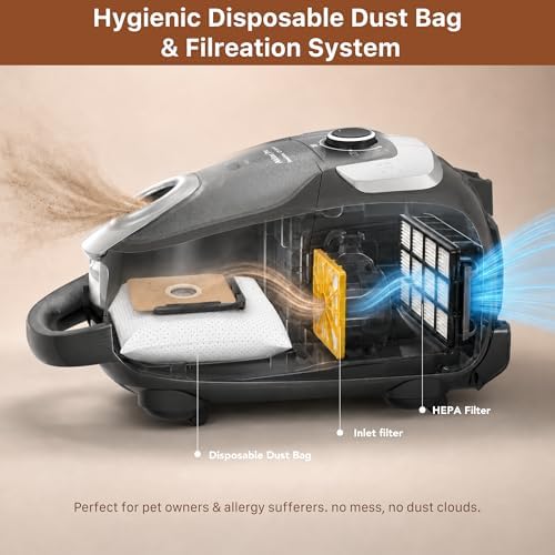 Akitas C11 Bagged Canister Vacuum Cleaner, Light Weight HEPA Filtration, 33ft Cleaning Radius with Retractable Cord, Ideal for Hard Floors & Low-Pile Carpet Extra Floor Brush