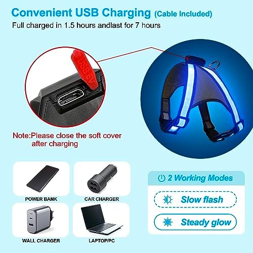 Visinite LED Dog Harness, USB Rechargeable Light Up Dog Vest, 2 Illuminate Modes Glow in The Dark Dog Harness, Adjustable Lighted Pet Harness Light for Night Walking Safety(Blue, M)