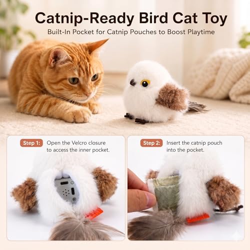 Flapping Bird Cat Toy, White Sparrow Plush Touch Activated Bird Chirp Cat Toy with Refillable Catnip, USB Rechargeable Interactive Kitten Exercise Toy,4.92"(No Flying)