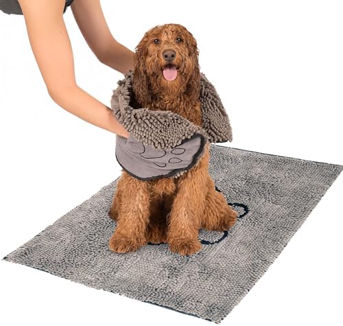 Dog Gone Smart Dirty Dog Doormat & Shammy - Super Absorbent, Fast Drying Polyester & Polyamide Microfiber Mat & Towel with Dual Hand Pockets, Non-Slip Backing & Machine Washable - Grey, 31 x 20 Inches