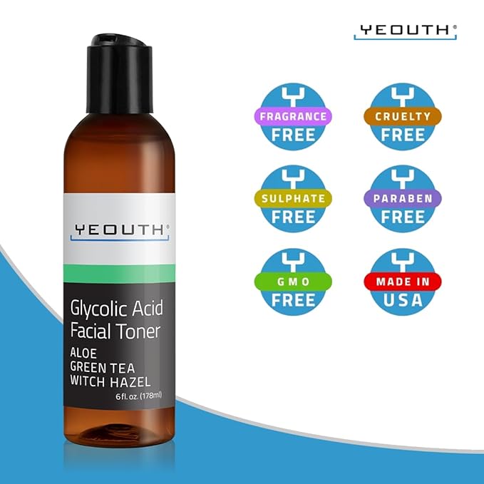 YEOUTH Glycolic Acid Toner for Face 8% with Witch Hazel, Hydrating Face Toner for Women and Men, Gentle AHA Exfoliant for Smoother-Looking Skin 6oz