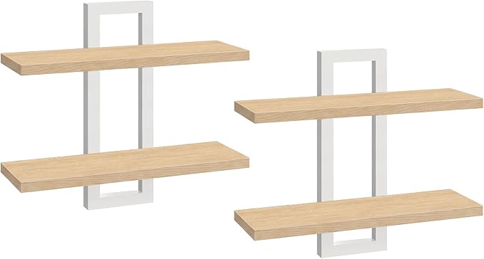 HOOBRO 2-Tier Floating Shelves, 15 Inch Wall Shelf Set of 2 | Wall Mounted Storage Shelves, Hanging Bathroom Shelves, for Living Room, Bedroom, Bathroom, Kitchen, Natural and White