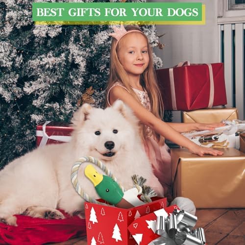 Duck Dog Toys for Small Medium Dogs, Durable Canvas Fetch Tug Toy with Sliding Rope & Crinkle Paper for Boredom Relief, Squeaky Interactive Teething Puppy Chew Toys for Chihuahua Corgi Beagle