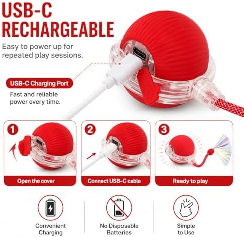 Interactive Cat Toy Ball with LED Lights, USB-C Rechargeable Automatic Cat Toy with Feather Tail, Smart Exercise Toy for Indoor Cats & Kittens, Upgraded Version