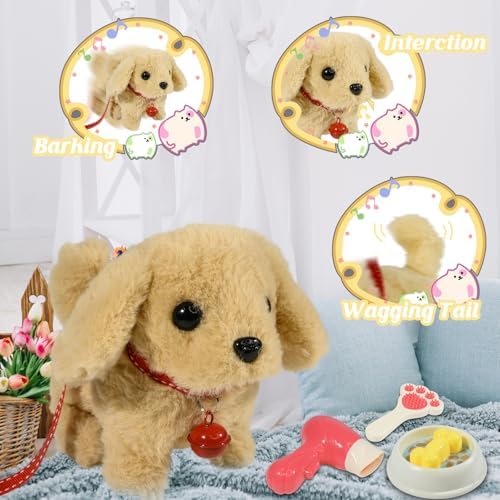 Plush Toys Walking Dog Toys that Can Walk, Bark and Wag Tail,Interactive Electronic Pet Toys Puppy with Leash,Easter Christmas Birthday Gift for Toddlers Kids