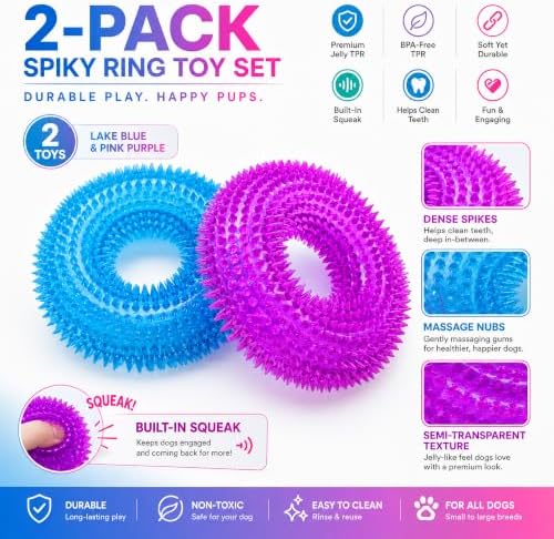 Dog Chew Toys for Aggressive Chewers, Squeaky Floating Donut Rings, 2 Pack