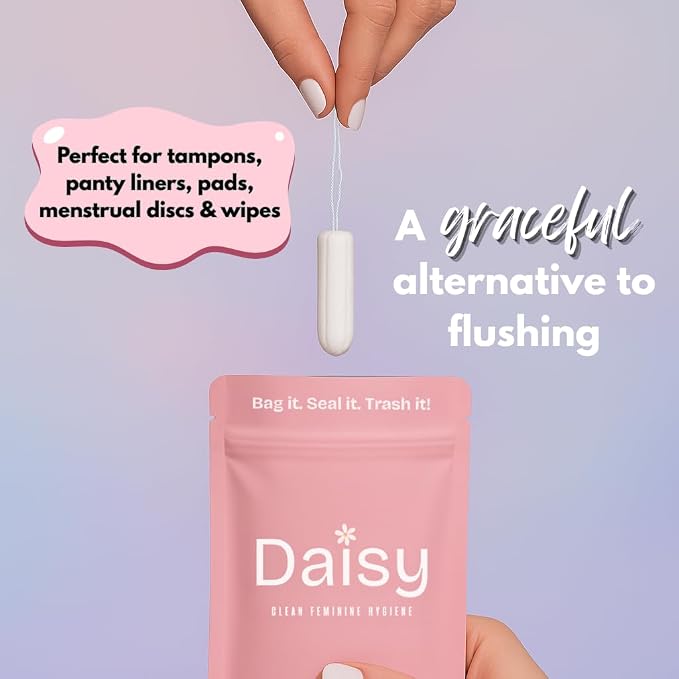 Odor-Proof Sanitary Trash Bags for Tampons, Pads, Discs, Panty Liners & Feminine Wipes | The Daisy Pouch +Plus Discreet Disposal Bags for Home, Work, School & Travel