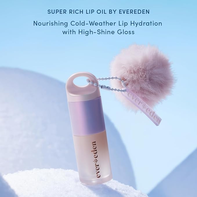 Evereden Super Rich Hydrating Lip Oil: Clean & Vegan, Nourishing, Soothing, & Glossy Lip Glow Oil for Cold & Dry Weather - With Chaga Mushroom & Ceramides