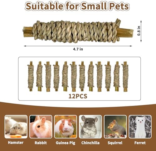 Fhiny 12 PCS Rabbit Chew Sticks, Natural Papaya Wood Seagrass Guinea Pig Chew Toys for Teeth Small Animal Molar Sticks Snacks for Bunny Guinea Pig Chinchilla Ferret Hamster Gerbil Dental Care