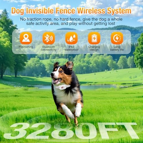 GPS Wireless Dog Fence System Outdoor, No Subscription App Geo-Fence 3280ft, 60-164ft Bluetooth Training Collar, IP67 Waterproof Rechargeable, 7-Day Battery, Auto Sleep/Wake (White-1)