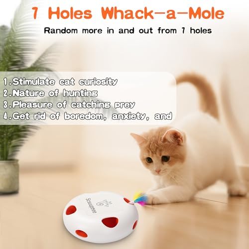 Cat Toys, Rechargeable Interactive Cat Toy, Smart Sensor Pop-Up Feather Toy with 7 Holes, USB Powered Automatic Kitten Toy for Indoor Cats, White