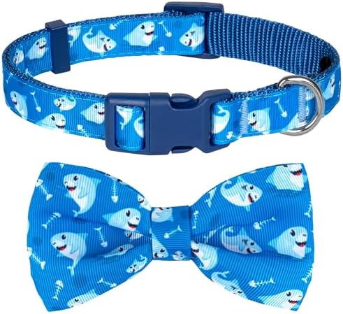 azuza Dog Collar with Bow Tie, Soft and Comfortable Adjustable Bowtie Dog Collar for Small Dogs (S, Shark)