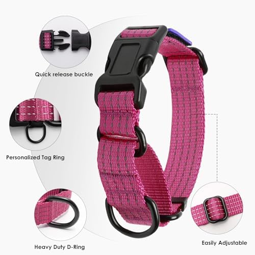 Martingale Dog Collar Reflective with USA Flag Patch, M,Hot Pink