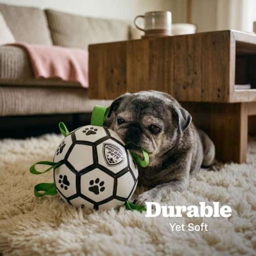 Interactive Dog Soccer Ball for Dogs, 7” with Straps & Grab Tabs, Floats on Water, Fetch & Training Toy for Small/Medium Dogs, Herding Breeds, Waterproof Non-Toxic – ProBall Pets – White Green