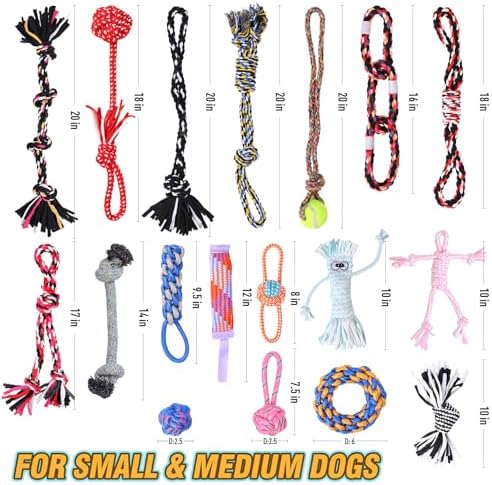 Dog Rope Toys for Small-Medium Dogs. 18 Pack for Teeth Cleaning, Chewing, Training Balls and Squeaky Toys. Best for Entertainment, Interaction,Tug of War Indoor and Outdoor.