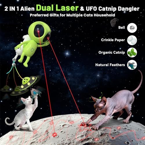 ORSDA Laser Cat Toys for Indoor Cats, 2 in 1 Interactive Automatic Dual Laser & Catnip UFO Dangler for Kitten Toys, Truly Random Trajectory Radar Motion-Activated, Rechargeable 4 Modes, Clamp Design
