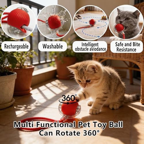 Interactive Smart Wake Pet Ball with Teaser Tail for Cats & Dogs(red)