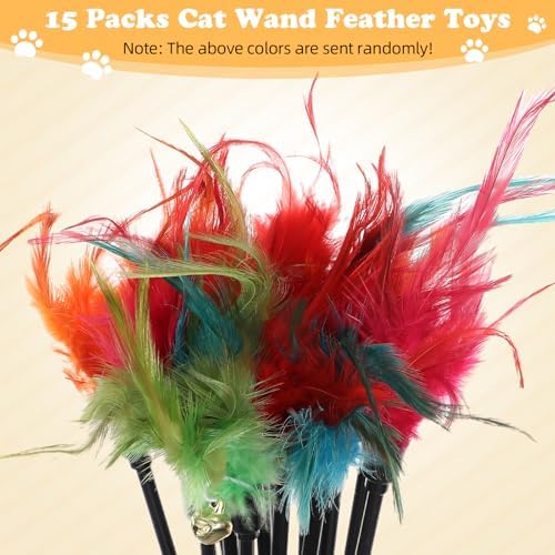 Leitee 15 Pcs Cat Feather Toy Wand Bulk Interactive Stick, Bright Color
