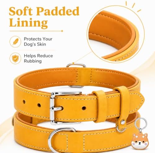 Genuine Leather Dog Collar, Soft Padded Leather Dog Collars with Airtag Holder Case for Small Medium Large X-Large Dogs,Comfort Heavy Duty Pet Collar with Durable Metal Buckle & D-Ring-Light Yellow/L