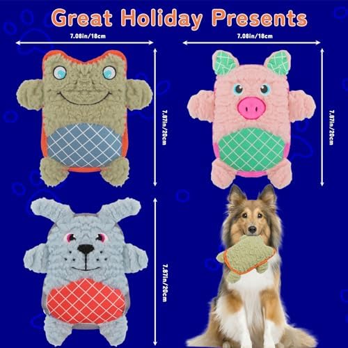 Crinkle Dog Toys Squeaky Plush No Stuffing Cute Puppy Stuffless Tough Rop Pull Toy, Fun Dog Stuffed Animals Durable Chew Set for Small Medium Large Pup (Large, Pink Pig+Green Frog+Blue Dog)