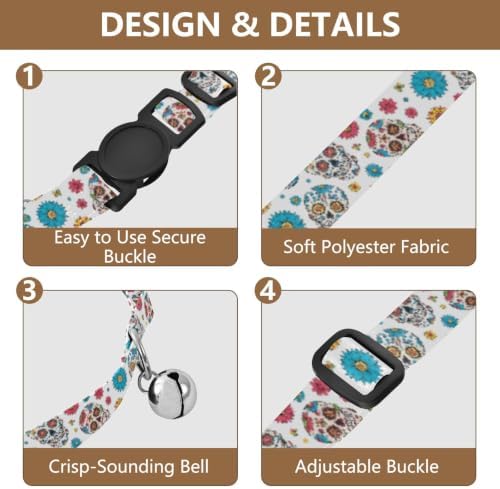 2 Pack Dog Collar Colorful Skulls Floral Flowers White Cat Collar with Bell, Adjustable 10.6 to 17.1 Inches