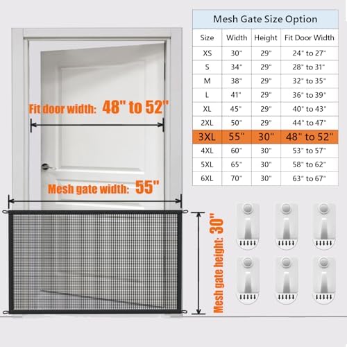 Dog Gate Indoor Pet Gates for Stairs: Dogs Screen Mesh Gate for The House Magic Gate for Kitchen Doorways Hallway Stairways Porch Yard 30 inch Tall, 55 inch Wide Fits 48''–52'' Openings