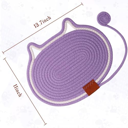 Cat Scratcher Mat Natural Cotton Rope Oval Horizontal Floor Cat Scratch Bed Pad with Ball Toy Protector for Furniture Floor Wall (Purple, 1PC)