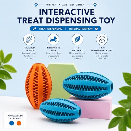 Dog Treat Ball (2 Pack) — Interactive Treat Dispensing Chew Toy for Small, Medium & Large Dogs, Textured Rubber for Dental Cleaning, Boredom & Stress Relief, Blue & Orange
