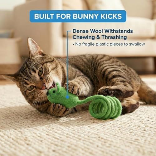 Glaciart One Felt Mouse Cat Toy – Soft Fuzzy Enrichment 100% Natural Wool - Interactive Catnip Play Cat Toy Set - Safe for Pets, Non-AZO Colored Dyes - 42” Long