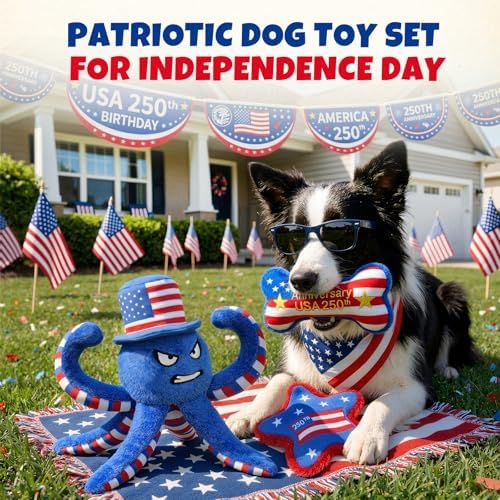 Patriotic 4th of July Dog Toys, 3-Pack Squeaky Crinkle Plush Set