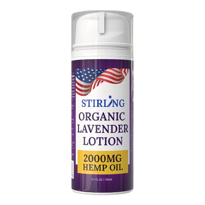 STIRLING Lavender Lotion – Organic Lavender with 2000mg Hemp Oil, Aloe Vera, and Vitamin E – Nourishing and Moisturizing Body Lotion for a Soft and Smooth Feel