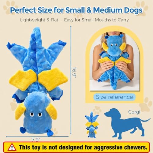 Multi-Squeaker Plush Dinosaur Dog Toy, 6 Squeakers and Crinkle Texture, Soft Interactive Toy for Fetch, Carrying and Cuddling, Blue, Medium