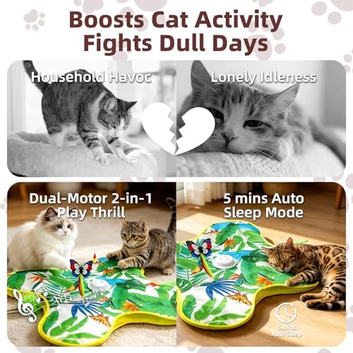 Interactive Cat Toys, Dual-Motor with Butterfly, Hidden Feathers & Plush Reed, 3 Animal Sounds, 3 Hunt Modes, Touch Activated, Rechargeable Hide & Seek Cat Toys for Bored Indoor Adult Cats & Kitten