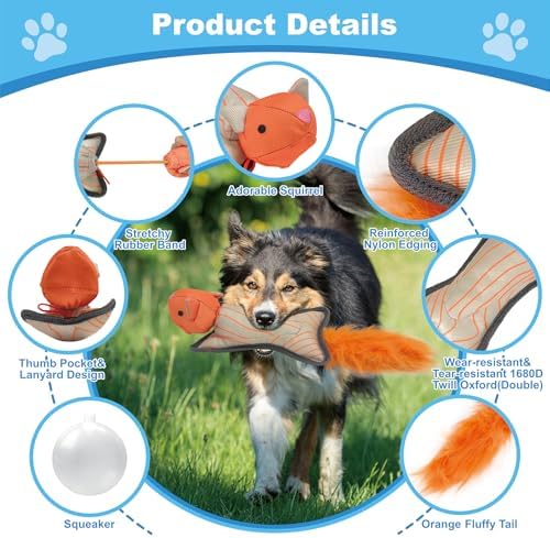 16.54 Inch Orange Squirrel Slingshot Flying Dog Toy, Oxford Squeaky Chew Toy for Fetch Training, Interactive Durable Toy for Medium Large Dogs