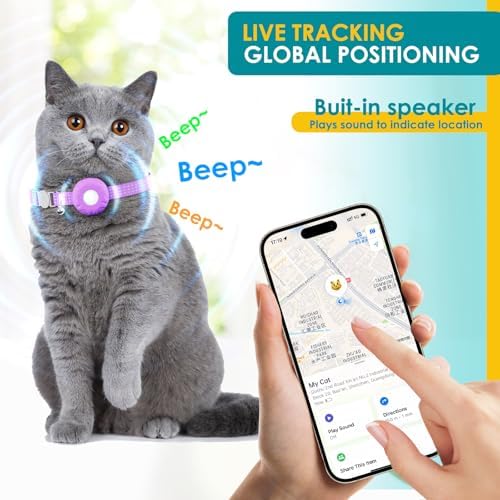 GPS Tracker for Cats, Cat GPS Tracker Compatible with Apple Find My App (Only iOS), No Monthly Fee Cat Tracker, Waterproof (White Tracker, Purple Cat Collar)