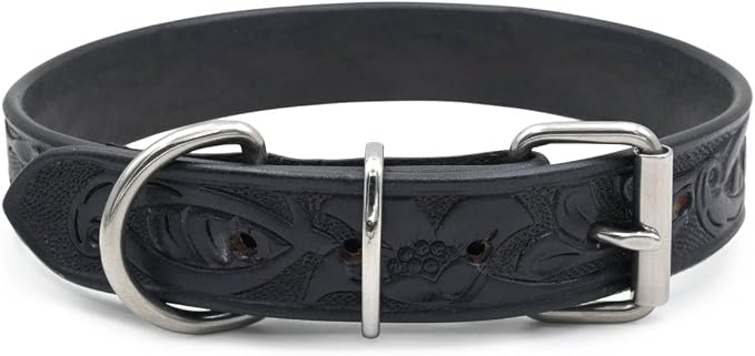 TARICO Genuine Leather Dog Collar with Engraved Floral Design for All Breeds, Heavy Duty Durable Metal Buckle Non Padded Adjustable Pet Collar - Black (Large: Fits 17–21" Necks)