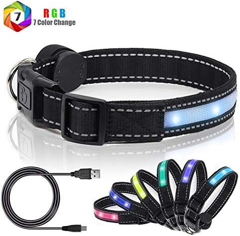 Light Up Dog Collars,Safety LED Dog Collars USB Rechargeable 7 Changing Colors Glow in The Dark Dog Walking Light,Neon Adjustable Safety Buckle Lighted Dog Collar for Small/Medium/Large Dogs, XL Size