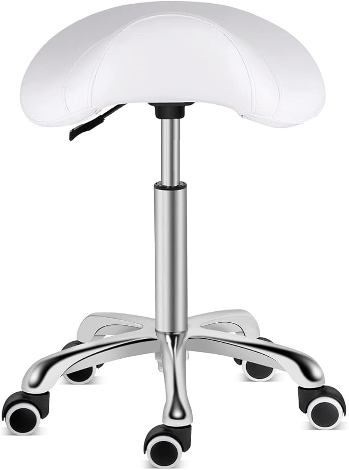 Kaleurrier Saddle Stool Rolling Swivel Height Adjustable with Wheels,Heavy Duty Saddle Chair,Ergonomic Stool Chair for Hair Salon Lab Clinic Dental Massage Home Office Kitchen (White, Without Back)
