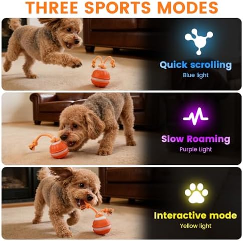 Interactive Dog Toy with Rope, 2026 Upgraded 3 Modes 360° Smart Automatic Rolling Moving Rechargeable Moving Fetch Dog Toy Ball for Boredom(Orange)