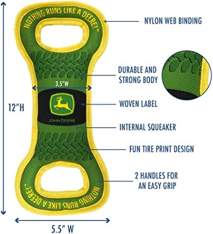 Pets First John Deere Dog Squeak TUG Toy Tough-Nylon Bone Toy for Dogs & Cats. Durable Sturdy PET Toy with John Logo. Best Dog Field Toy for Dog Owners, Farmers, Builders, Etc.., Green (JOD-3030)