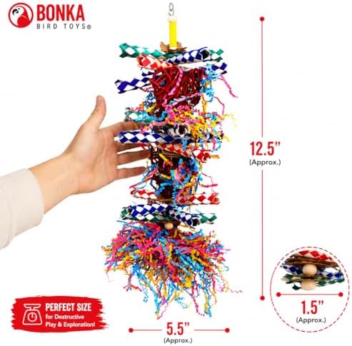 Bonka Bird Toys 1042 Huo Foraging Hearts Bird Toy for Medium Large Birds Interactive Shredding and Chewing Cage Toy Colorful Palm Leaf and Paper Enrichment Toy 12.5"