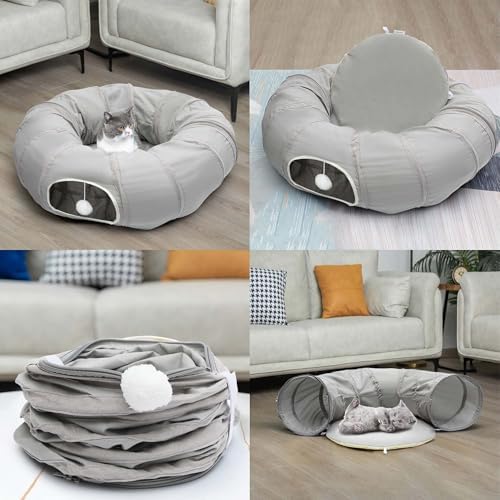 AUOON Cat Tunnel with Bed for Kitten Puppy Rabbit Ferret, Light Grey